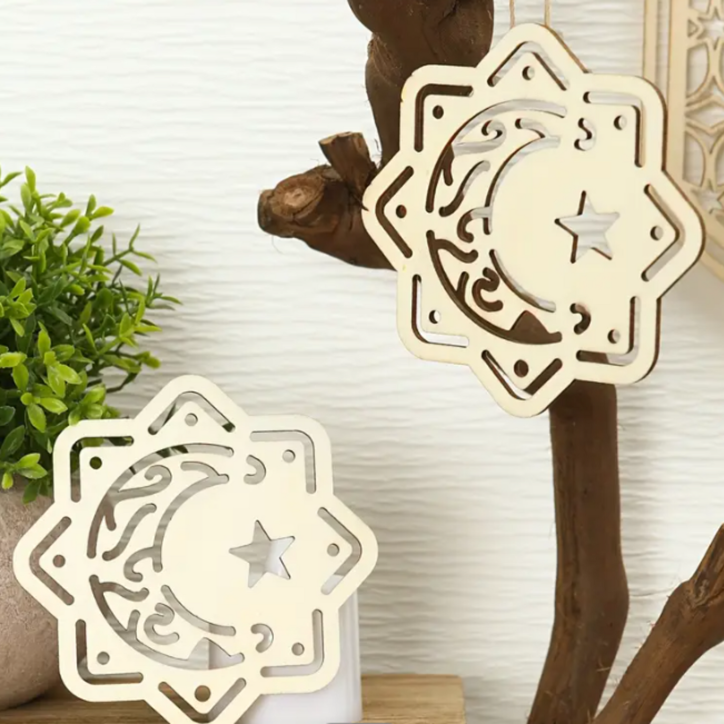 Wooden Moon & Star Hanging Pendants - Set of 10