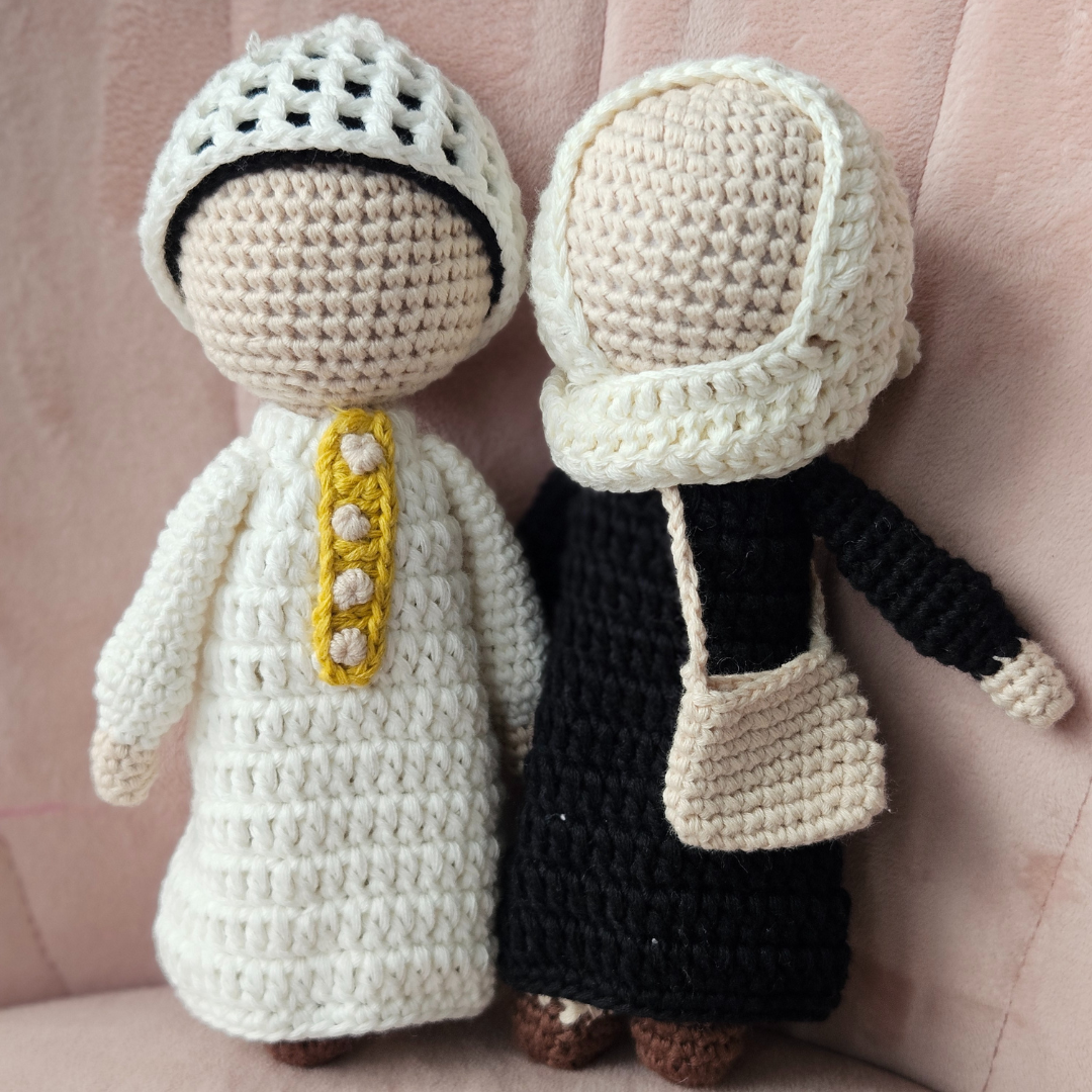 Handmade Crochet Boy Doll – White Outfit with Gold Trim