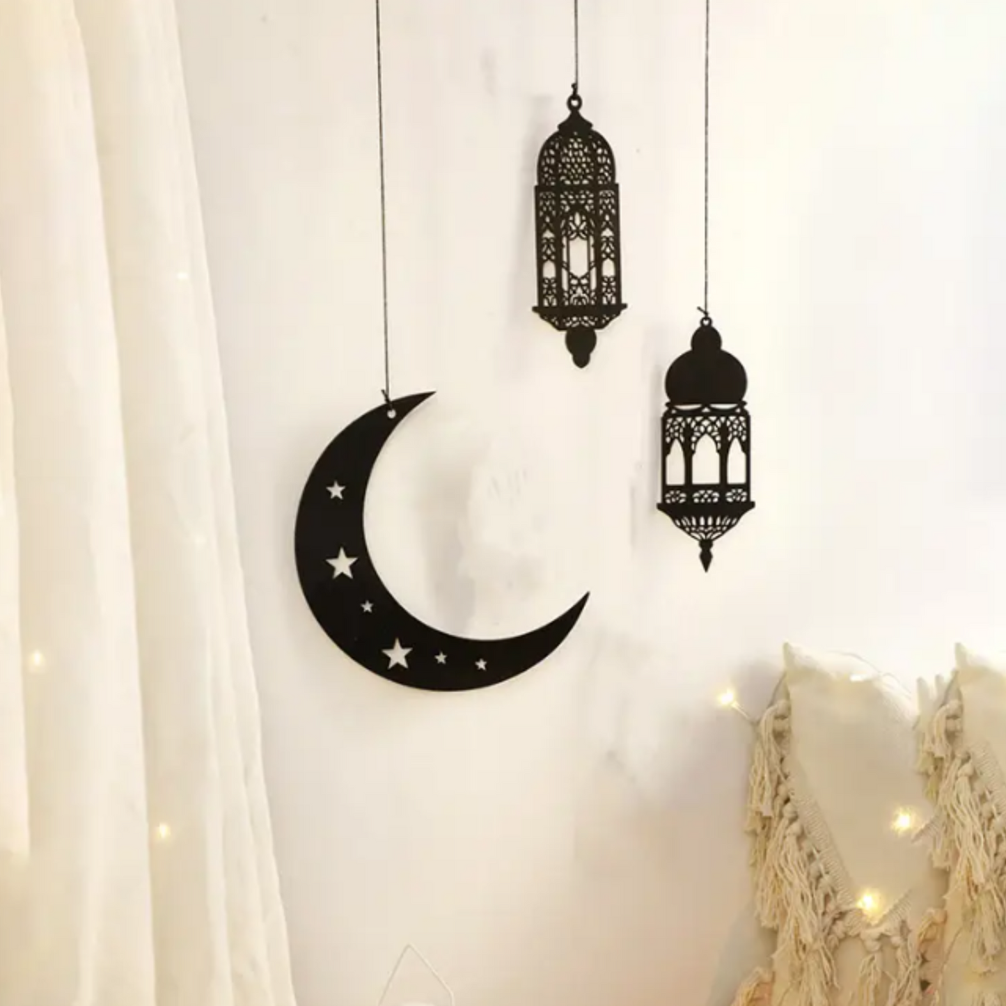 Black Wooden Moon & Lantern Hanging Pendant Set