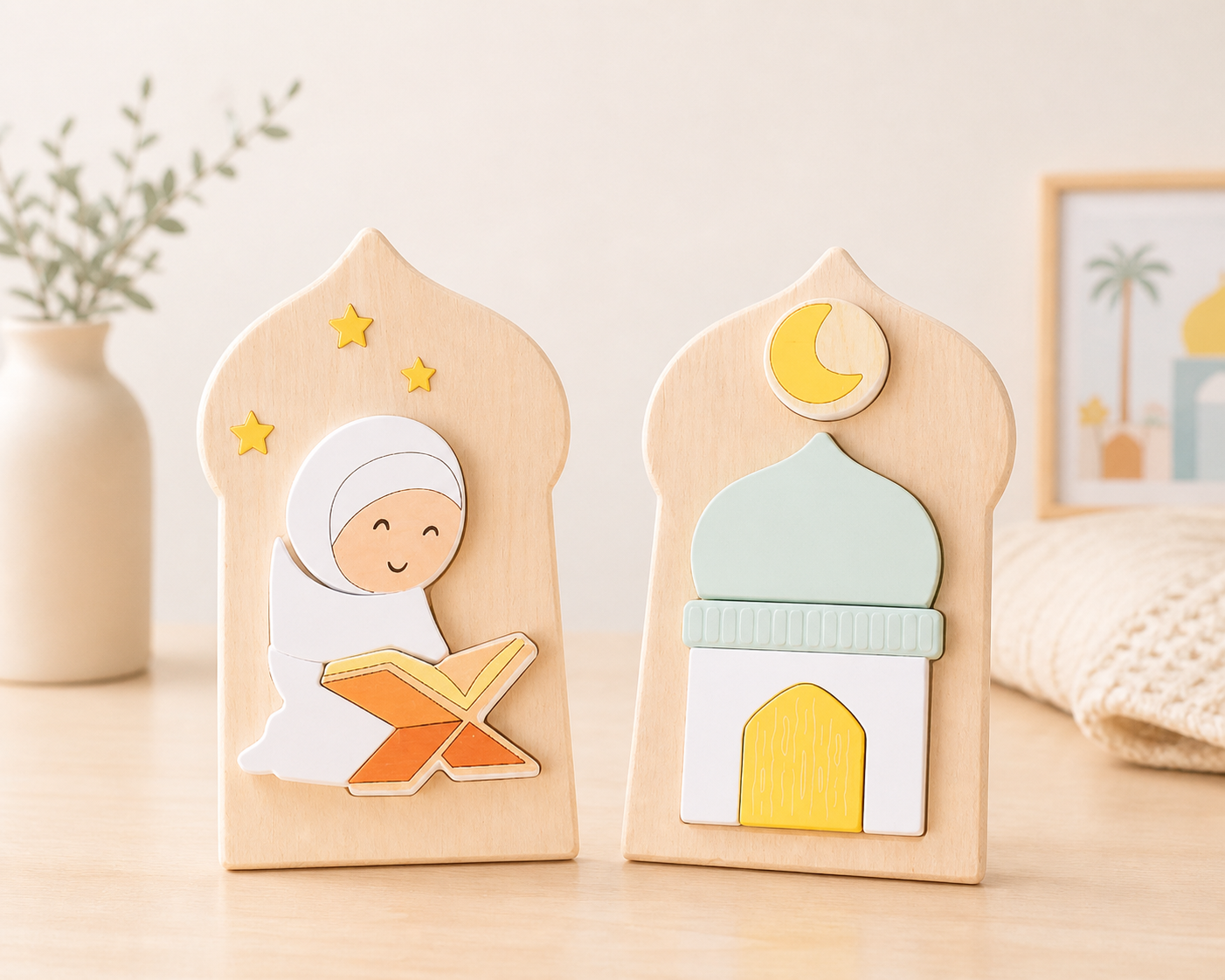 Mini Islamic Wooden Puzzles – Mosque & Qur’an Reader Set