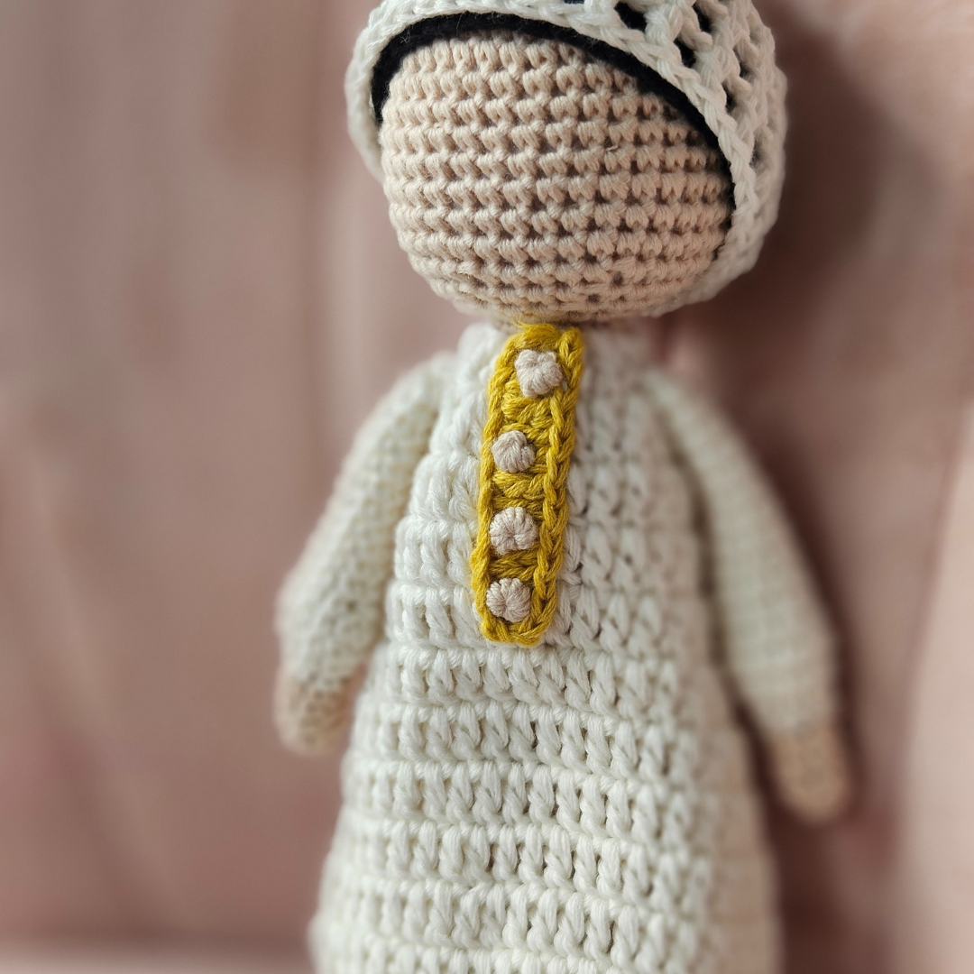Handmade Crochet Boy Doll – White Outfit with Gold Trim