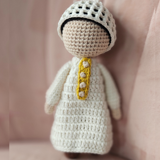 Handmade Crochet Boy Doll – White Outfit with Gold Trim