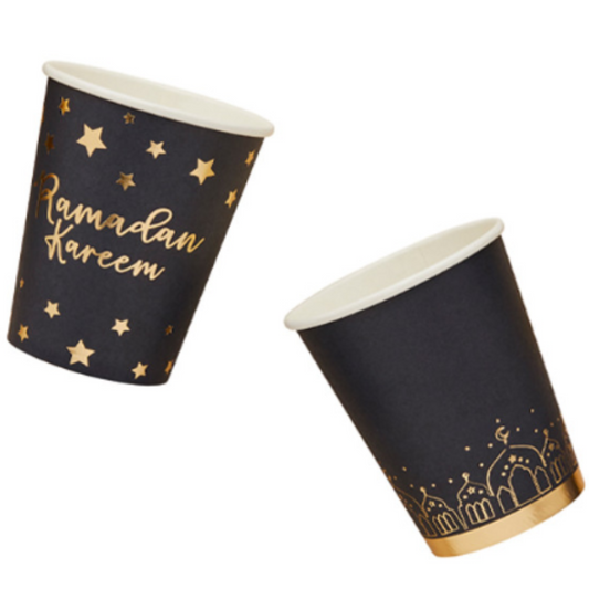 Ramadan Black & Gold Paper Cups - Pack of 8