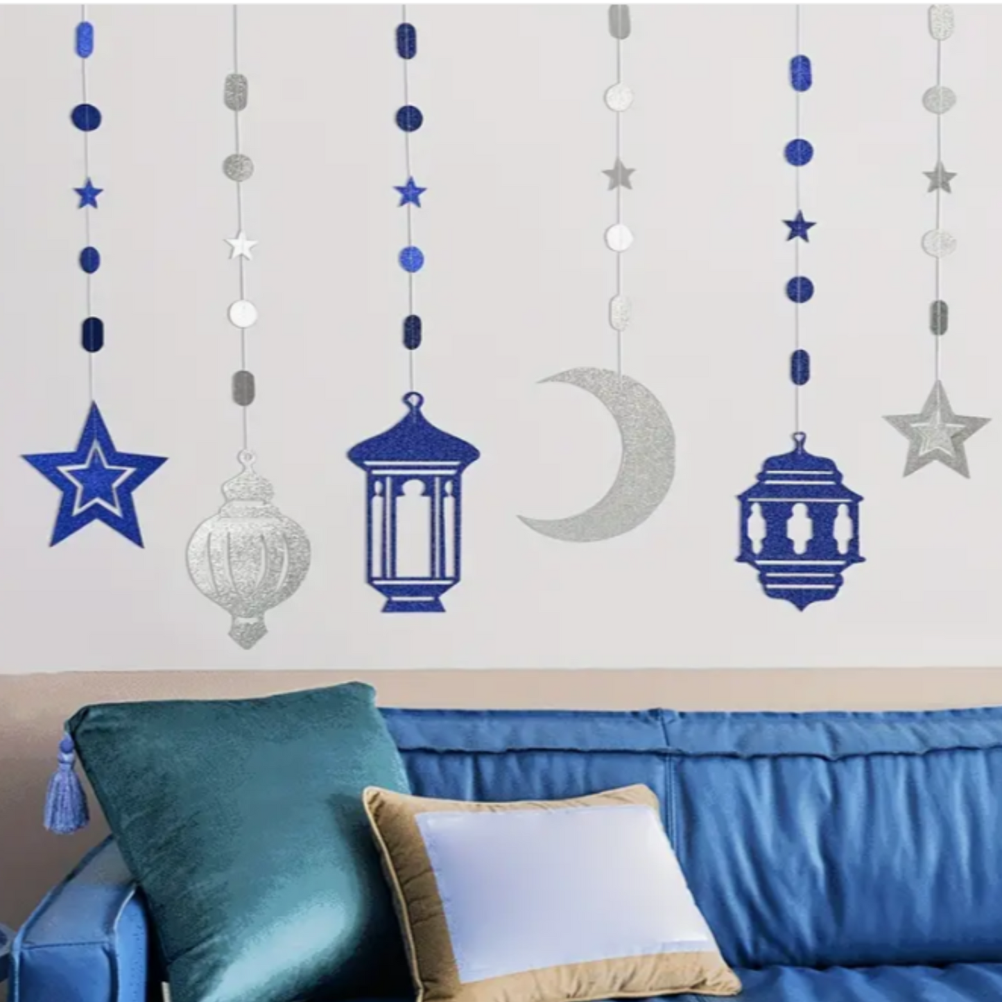 Silver and Blue Hanging Stars and Lanterns Decor