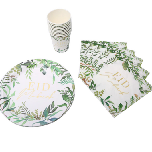 Green and Gold Eid Mubarak Plate, Cup and Napkin Set