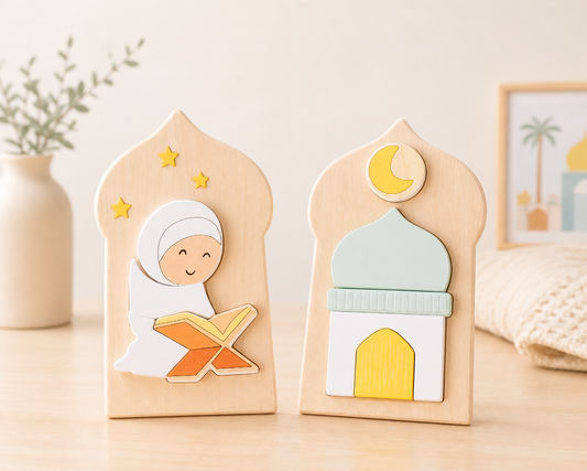 Mini Islamic Wooden Puzzles – Mosque & Qur’an Reader Set