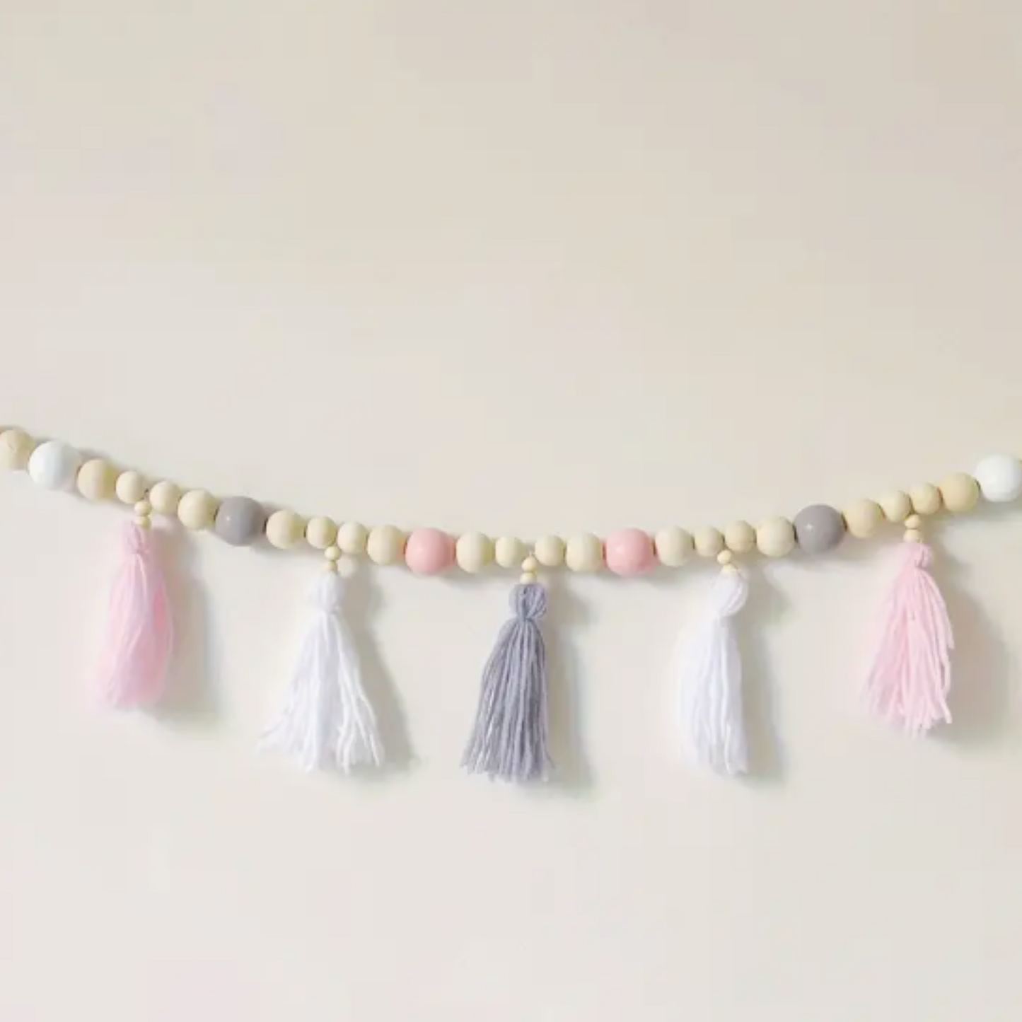 Pink, Grey and White Wooden Tassel Garland