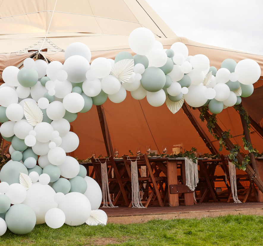 Luxe Sage & White Balloon Arch with White Fans