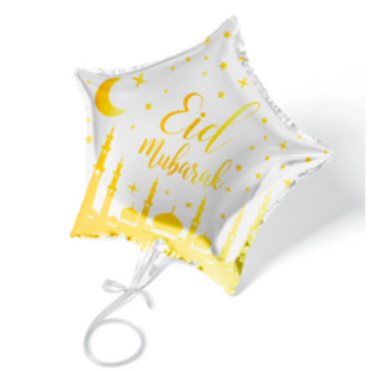 White and Gold Star Shape Eid Mubarak Balloon