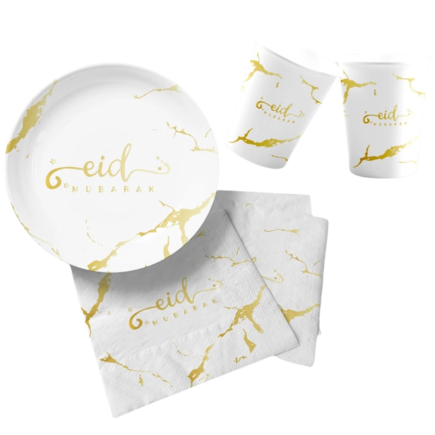 White and Gold Marble Eid Mubarak Plate Cup and Napkin Set